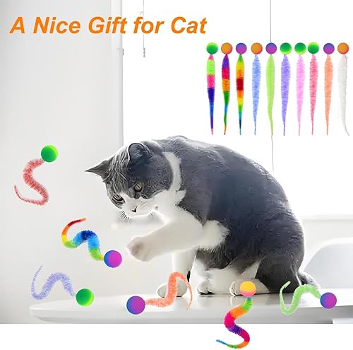 Miniatura 4 de Pelota hinchable con cola para gatos, paquete de 10, juguetes de gusano mullido para gatos, juguete de bola inflable para gatos de interior (10