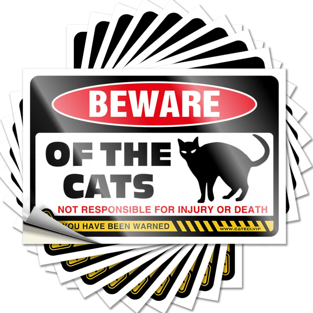 Hardhat Stickers and Decals Beware of Cats Funny Sticker 10 Pcs Prank Stickers for Adults Man Cave Bar(8X12CM)