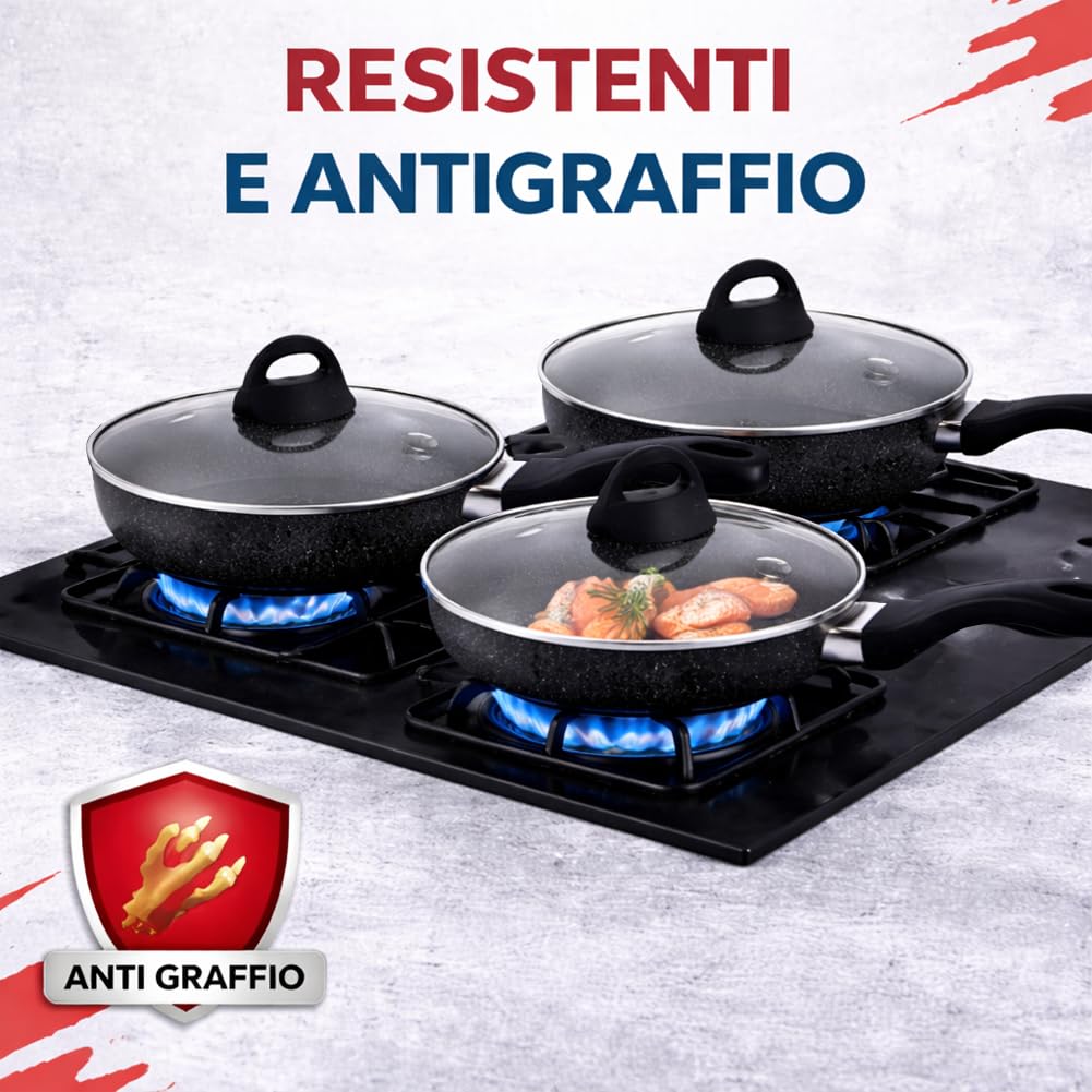 BAKAJI Set 6 Pezzi Padelle in Alluminio con Coperchio in Vetro, Adatto ad Ogni Tipo di Piano Cottura, Pentola Antigraffio, Padella con Manico Ergonomico per Cucinare in Maniera Sana (Nero) - 5
