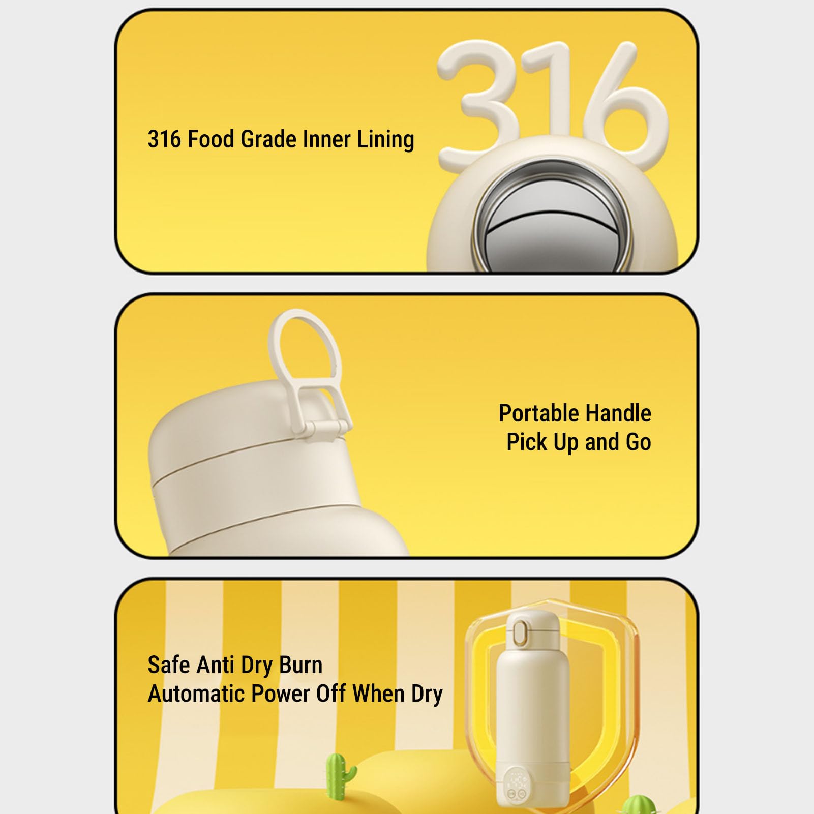 SIXRUN Calentador de Leche Portátil, Acero Inoxidable 316, Calentamiento Rápido y Control de Temperatura Inteligente, Capacidad de 500 Ml para Viajes y Enfermería Al Aire Libre