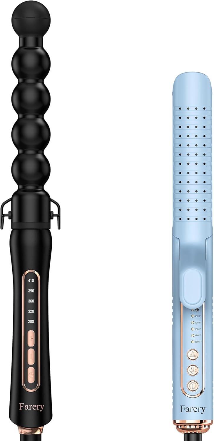 Farery Bubble Curling Wand for Long Hair & Farery Chill Set Soft-Air Curling Iron for Quick Styling & Long-Lasting Curls