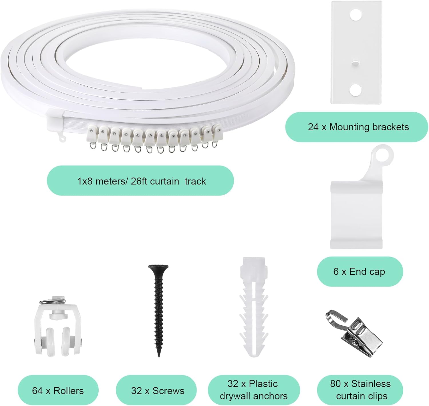 Curved Ceiling Curtain Track Bendable Mount for Curtain Rail Bunk Bed Bay Window Room Divider Flexible Straight (White,8 m/ 26 ft)