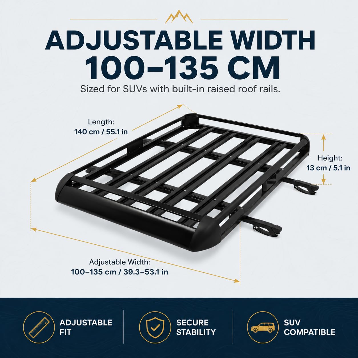 Barres de toit universelles en aluminium - Largeur réglable - Charge maximale 150 kg - Pour SUV, panier de toit, porte-cargaison - 140 x 100 cm - Noir