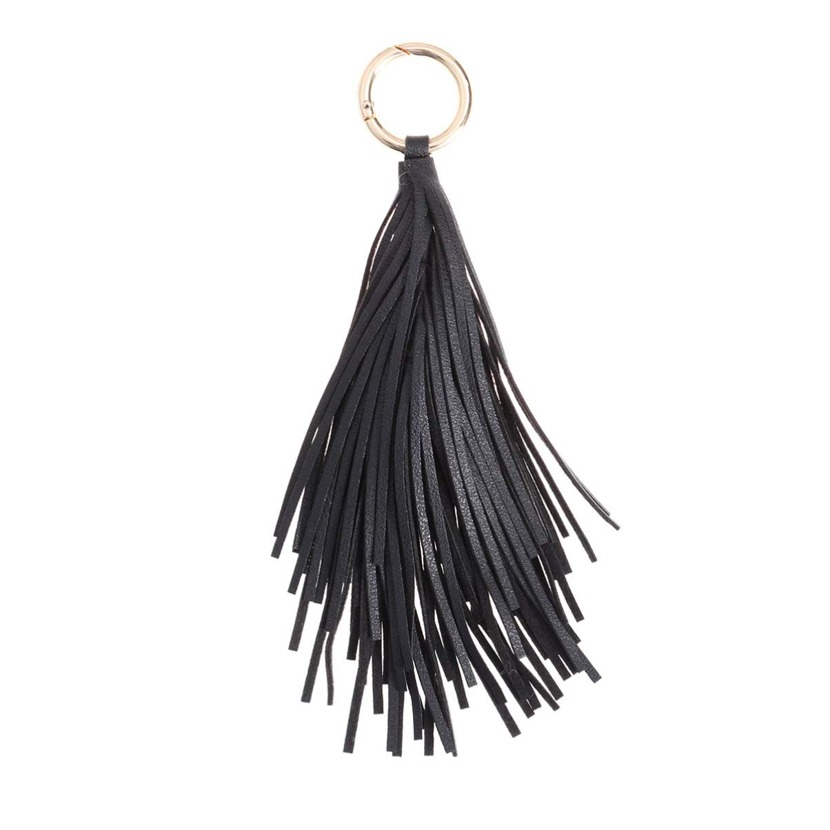 Amosfun Black Leather Tassel Keychain Circle Key Rings Tassel Keychain Charm Bookmark Tassels Handbag Backpack Hanging Pendant Decor for Women Purse Decorations