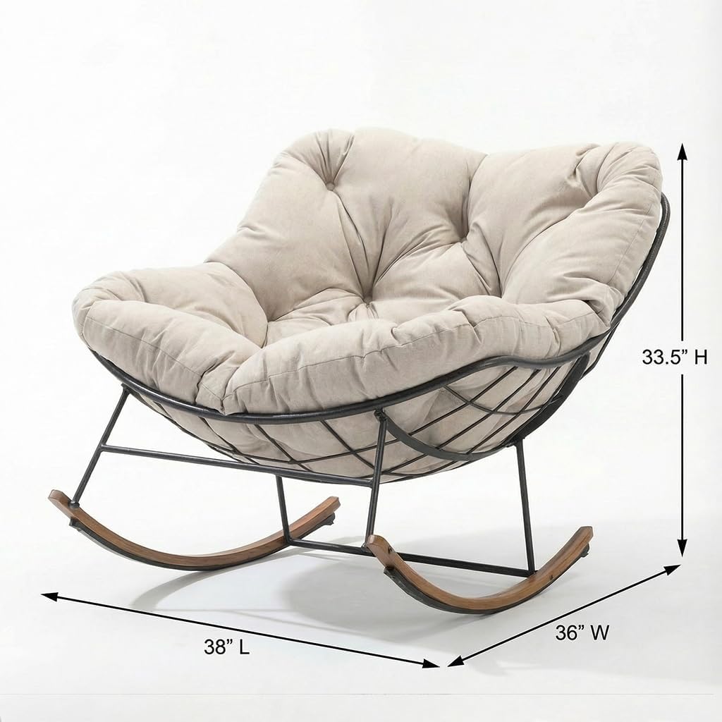 Outdoor Rocking Chair, 400 lbs Sturdy Frame with Thick Cushion,Patio Papasan Chair for Bedroom, Living Room, Porch, Garden(Beige)