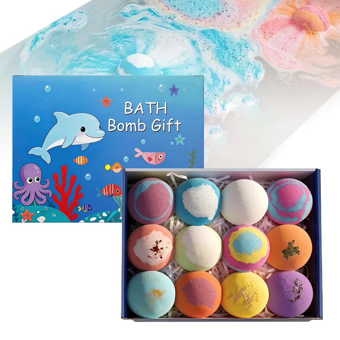 Bomba da doccia al profumo di mare, confezione regalo da 13 pezzi con figurina a sorpresa, idratante e lenitiva: il regalo perfetto per la casa.