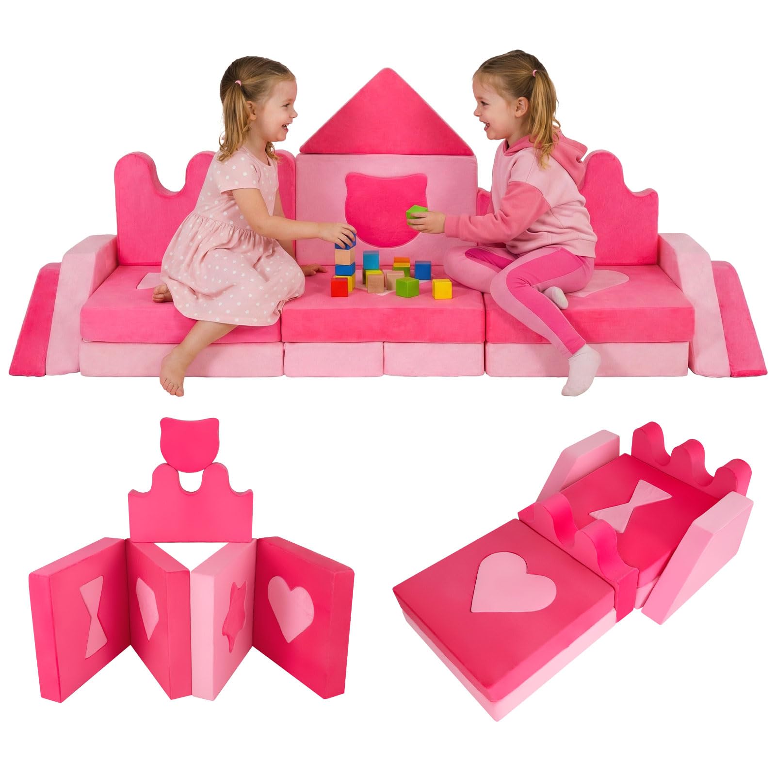 Costzon Modular Kids Play Couch, Snow Mountain Theme Toddler Foam Building Fort for Inspiring Creativity, Convertible Foam and Floor Cushion for Boys Girls for Playroom, Bedroom Gifts (Pink Castle)