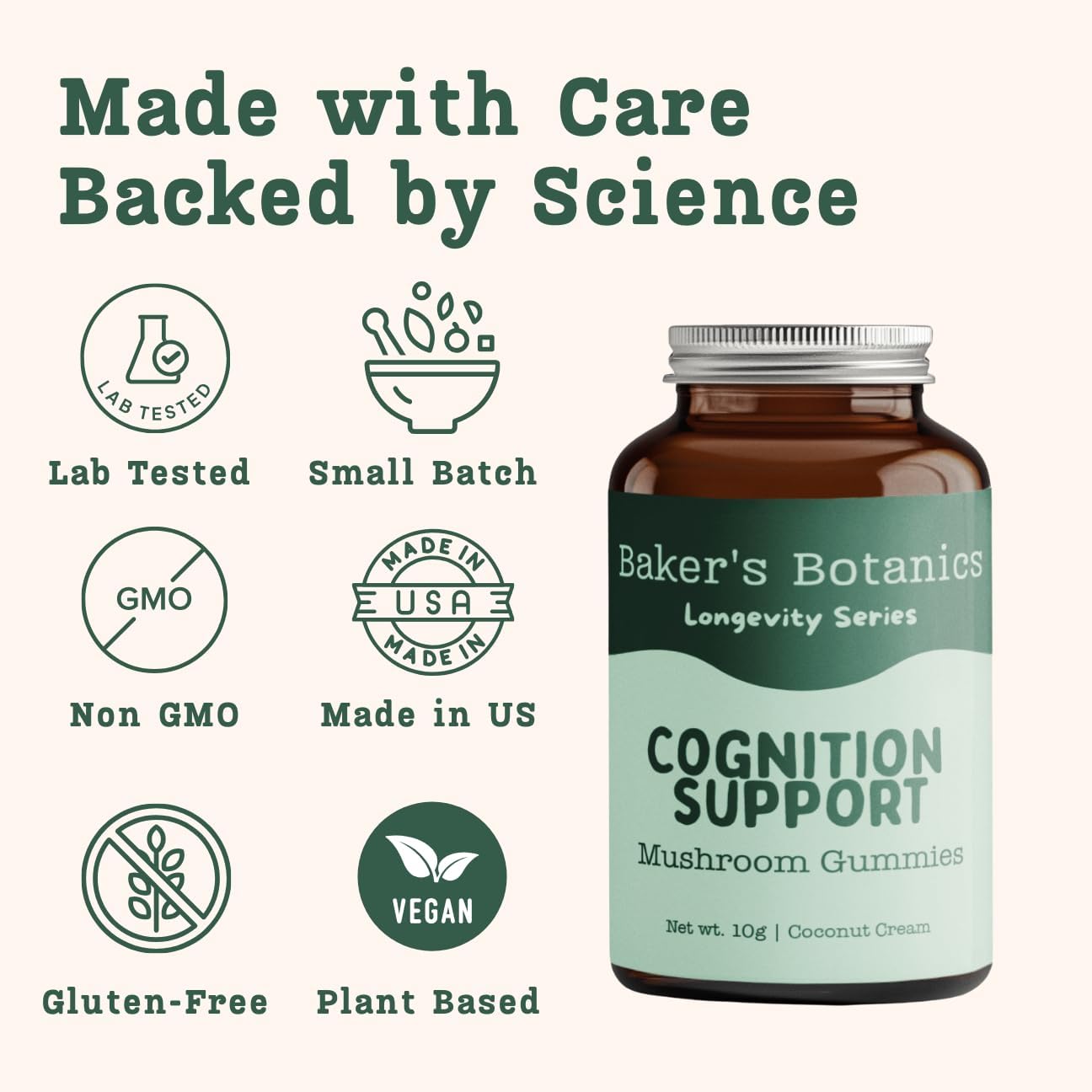 Baker's Botanics Adaptogenic Mushroom Gummies – Antioxidant Botanical Blend | Coconut Flavor | Vegan, Gluten-Free, Non-GMO Supplement
