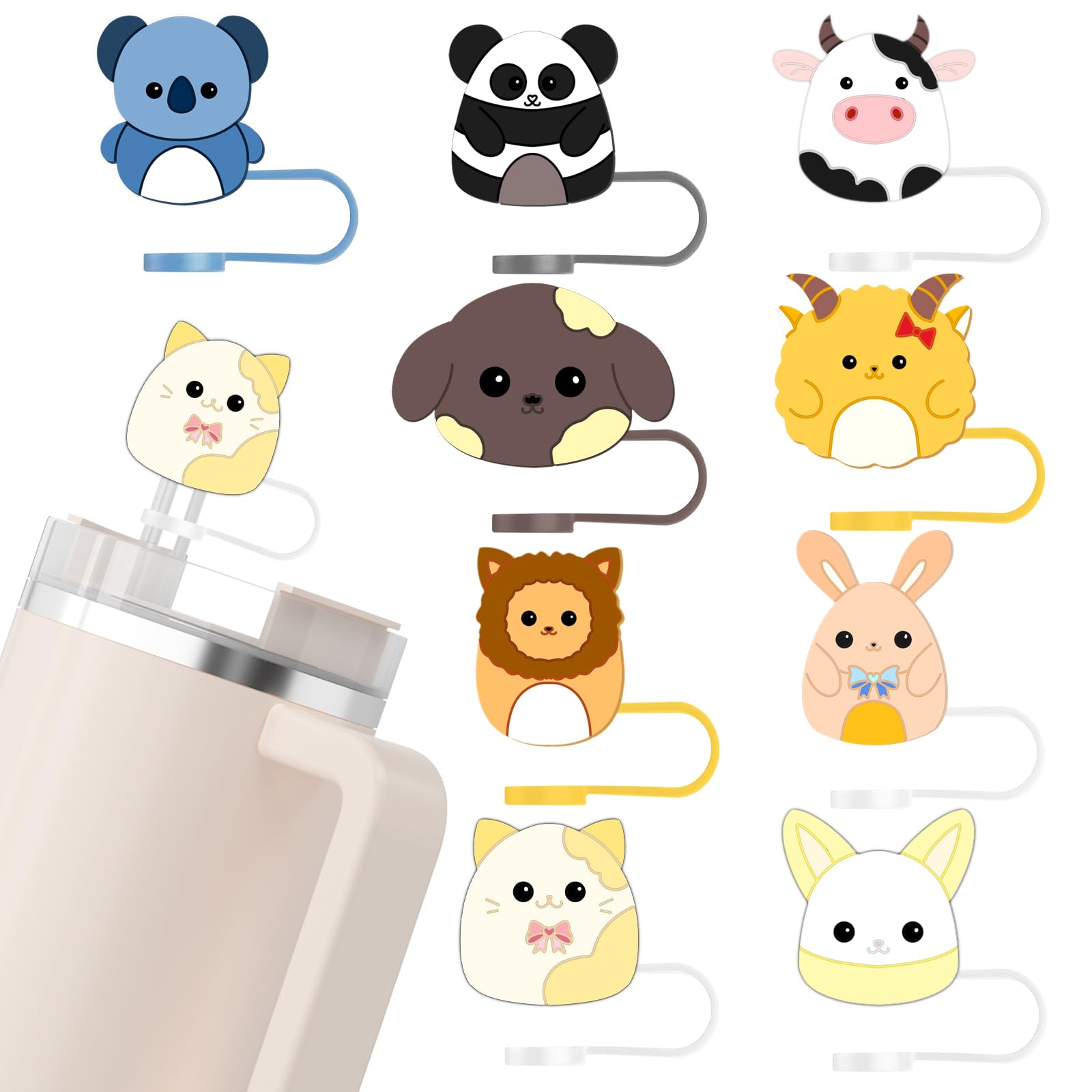 9 Pcs Straw Toppers for Stanley Cup, Silicone Tumbler Straw Covers, Cute Animal Cover Cap Stanley Cup Accessories for Christmas Gifts