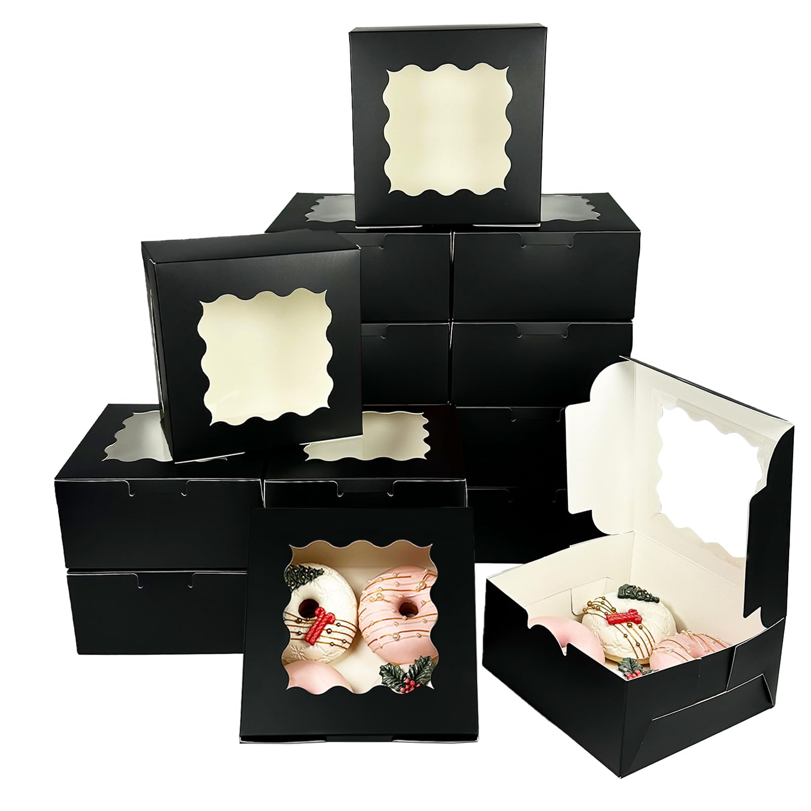 Lot de 100 boîtes de boulangerie noires avec fenêtre 15,2 x 15,2 x 7,6 cm épaisses et robustes pour macarons