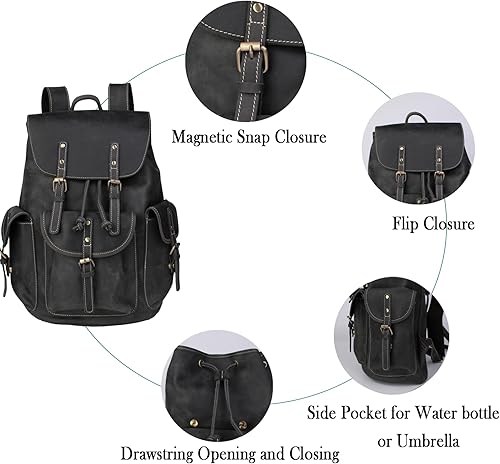Miniatura 5 de Mochila retro de cuero genuino para hombre, adecuada para portátiles de 16 pulgadas, para viajes de negocios, mochila diaria, Negro, Mochilas de