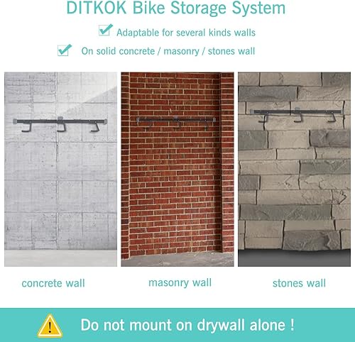 Miniatura 7 de DITKOK Estante de almacenamiento de 3 bicicletas, garaje para bicicletas, riel extra largo 2 en 1, 40 pulgadas, ganchos de metal ajustables, con