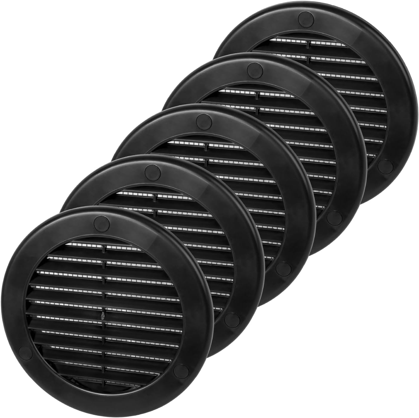 4 Inch [Opening] Black Air Vent Cover – Pack of 5 – Plastic Round Air Vent Grill Cover for Wall or Ceiling, Built-in Mesh Screen/HVAC Return Air Register – Modern Louvered Design