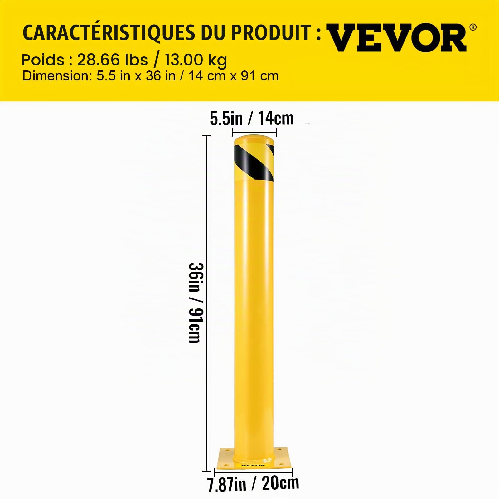 VEVOR Bollard de Sécurité 91x14 cm 2PCs, Borne de Sécurité en Tuyau d'Acier, Revêtement en Poudre Jaune, Barrière de Sécurité avec 8 Boulons d'Ancrage pour Parking, Stationnement, Piétons, Écoles