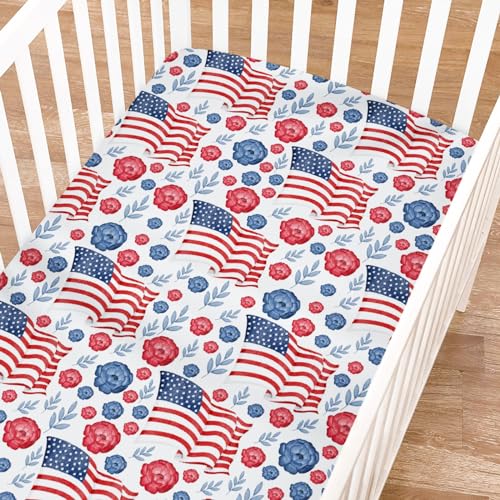 Image of American Flag Blue Red Floral Baby Crib Sheets for Boys Girls 52 inchx28 inch Patriotic 4th of July Independence Day Soft Breathable Toddler Nursery Bed Sheet for Standard Crib and Toddler Mattresses White