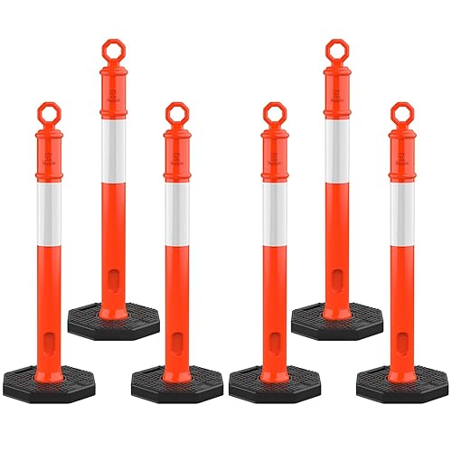 RoadHero Paquete de 6 postes de delineador de 45 pulgadas con base, postes de delineador de tráfico naranja con collares reflectantes para