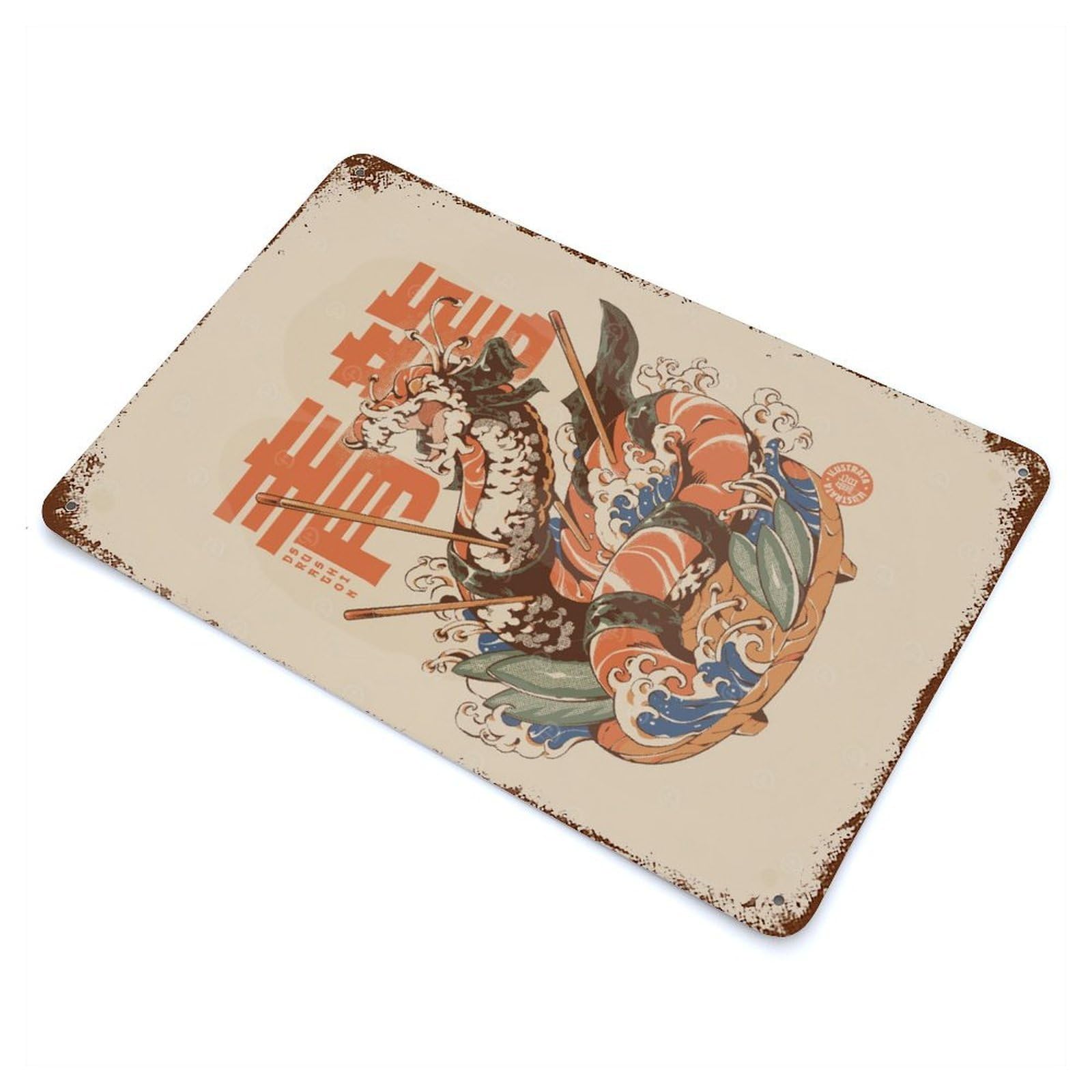 Garage Style Dragon Sushi Rustic Tin Plaque 11.8"x7.9", Classic Wall Plaque for Bar And Workshop