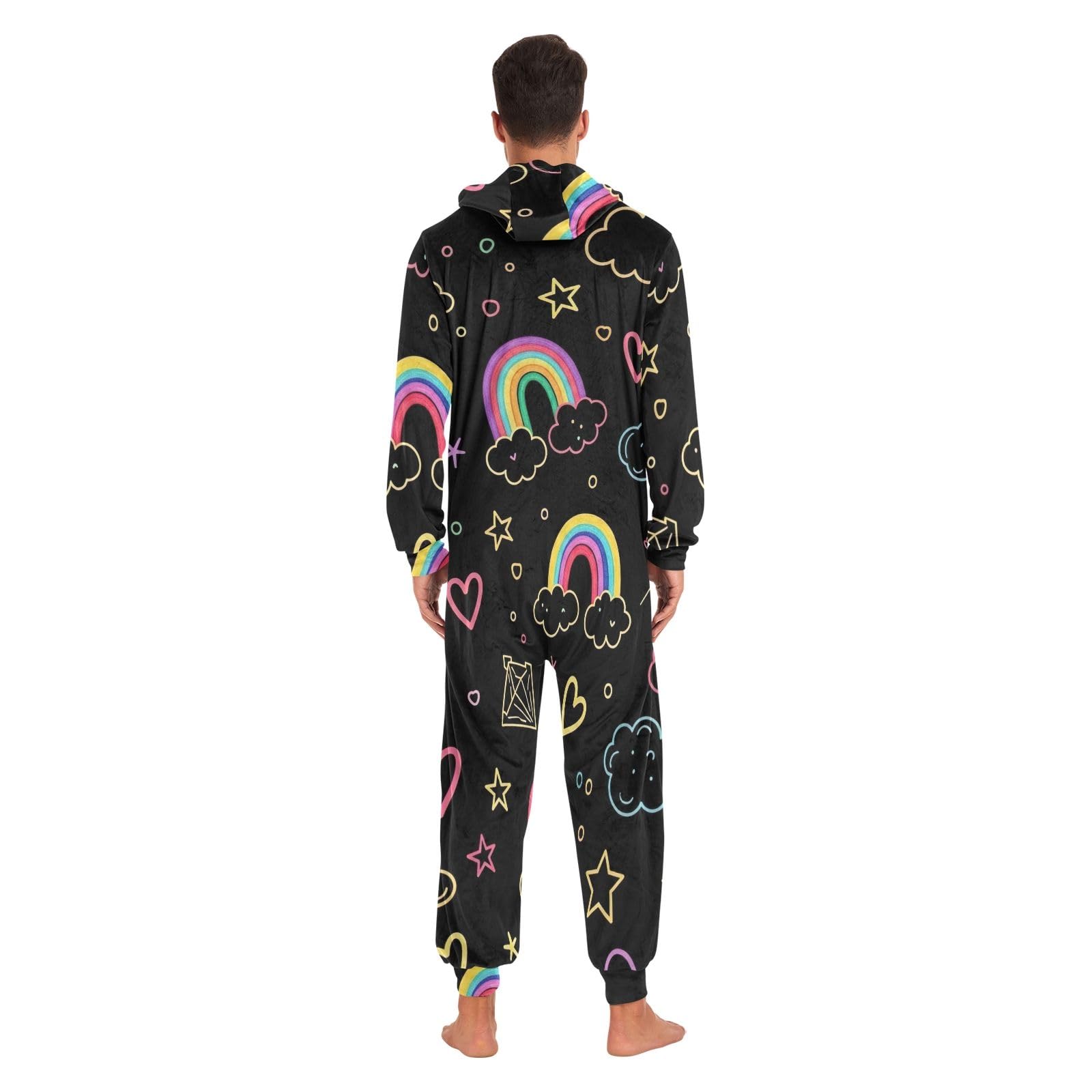 Carino Stars Rainbows Nero Adulto Onesie Pigiama, Morbido Pile Natale Tuta, Accogliente Un Pezzo Loungewear