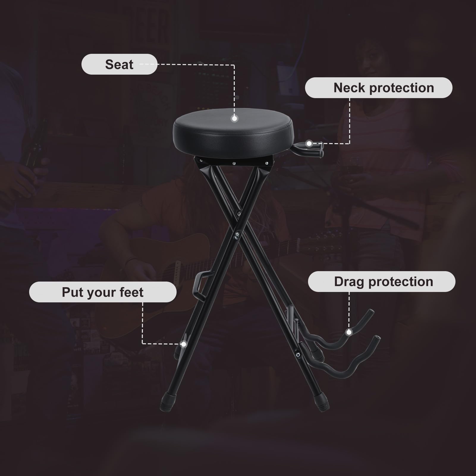 Taburete plegable para guitarra con asiento acolchado, silla de guitarra plegable con soporte de guitarra integrado, reposapiés de gancho retráctil, taburete de actuación para músico, para bajo