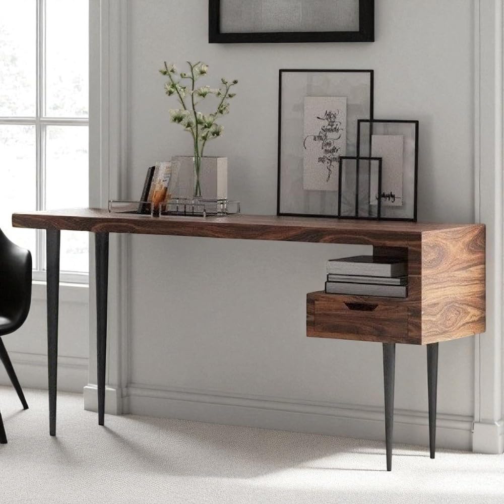 HOMERANGE Wooden Writing Study Desk Table for Home & Office | Laptop Computer Table with Drawer & Shelf Storage for Adults & Students | Sheesham Wood, Honey Finish