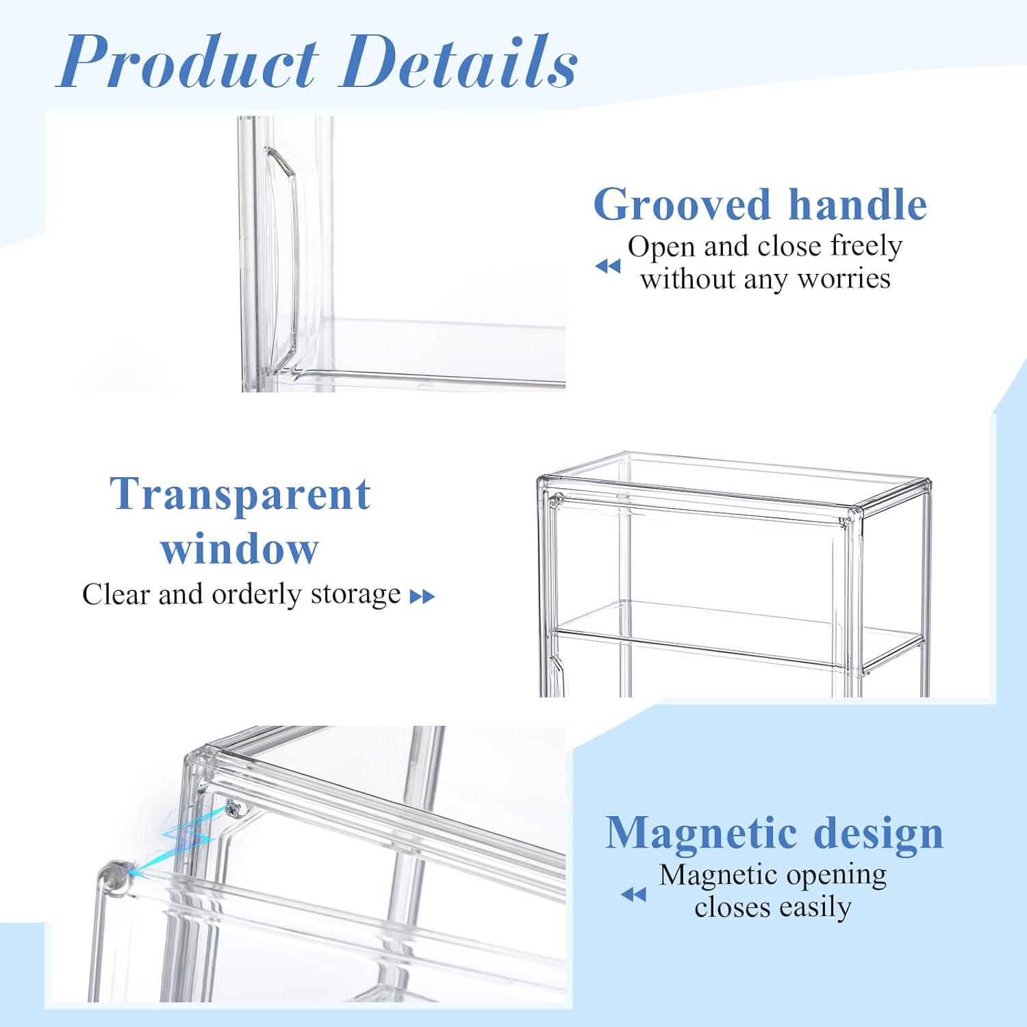 Clear Acrylic Display Case 3 Tier Display Shelf Storage Boxes Cabinet Organizer with Magnetic Door for Figures Toys (4 Pcs，Clear)