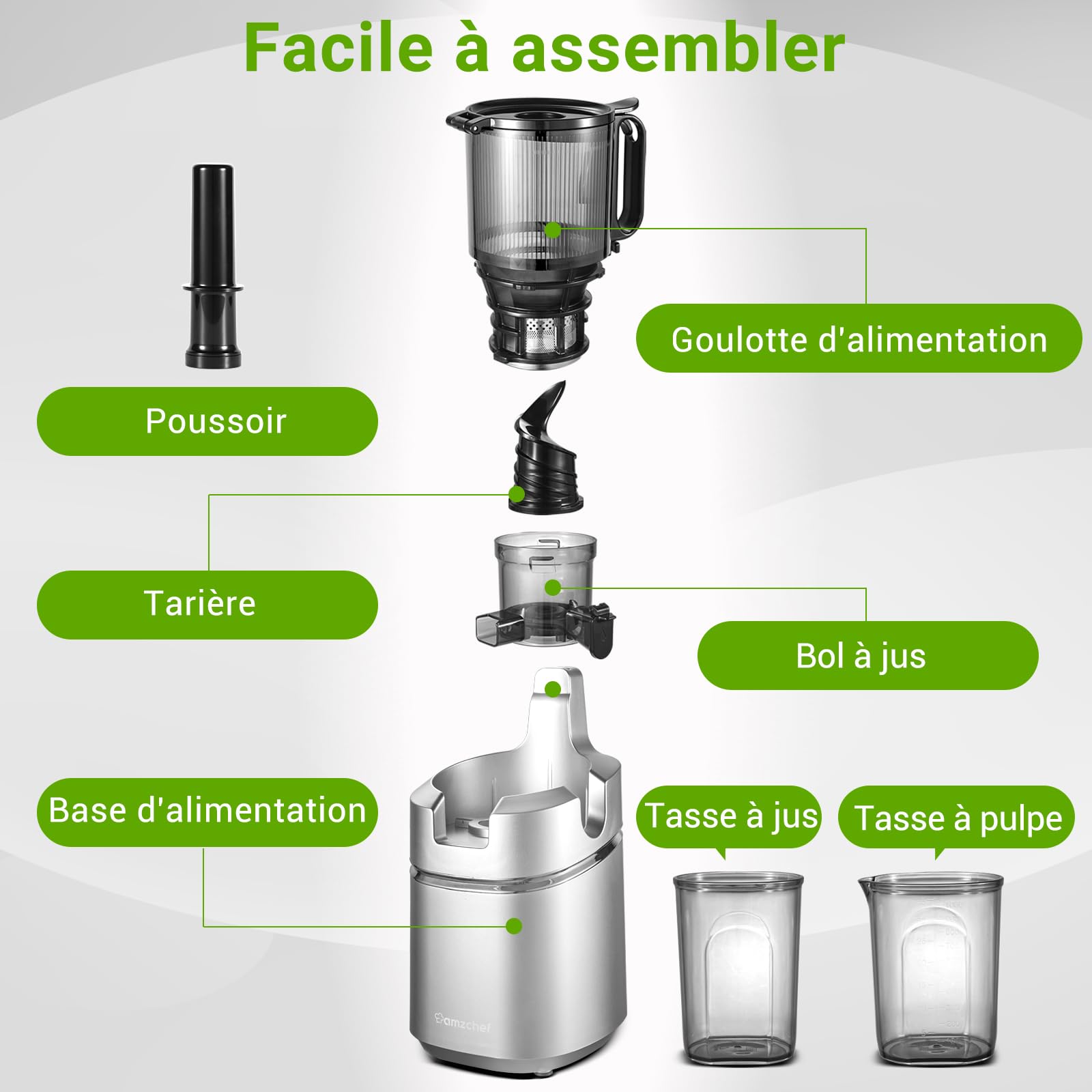 AMZCHEF Extracteur de jus automatique 250W 135mm 1,8L Argent