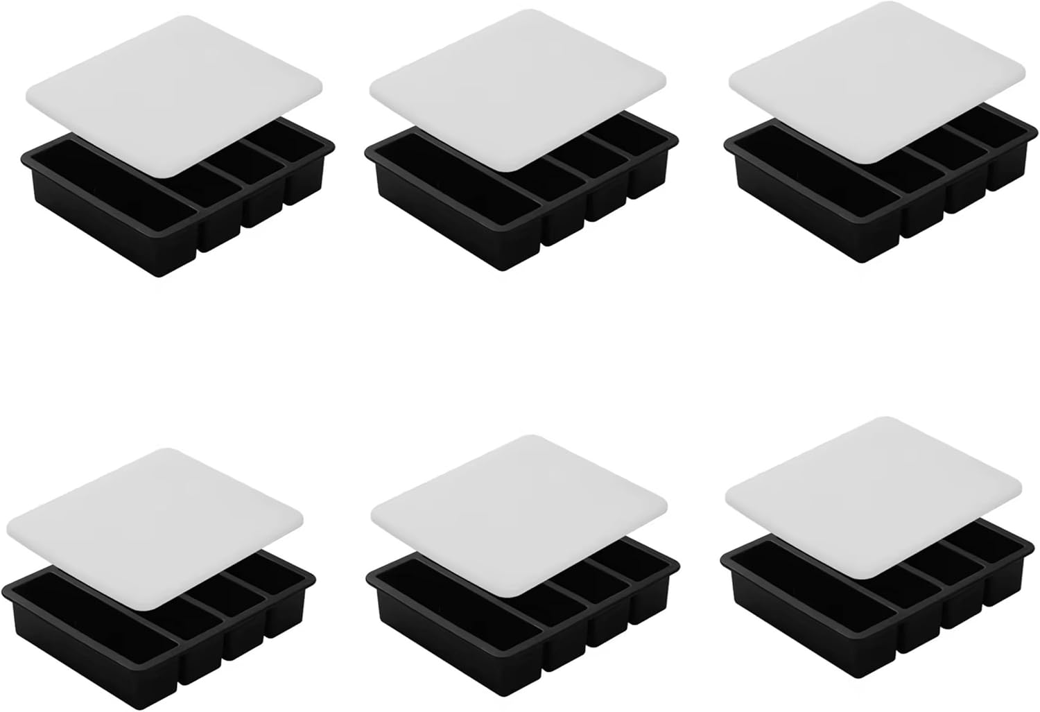 Large Silicone Ice Cube Tray with Lid, 4 Compartments Food Storage Mold, Black and White, 17.5 x 14.5 x 3.5 cm Freezer Container for Soup, Sauce, Meal Prep (6)
