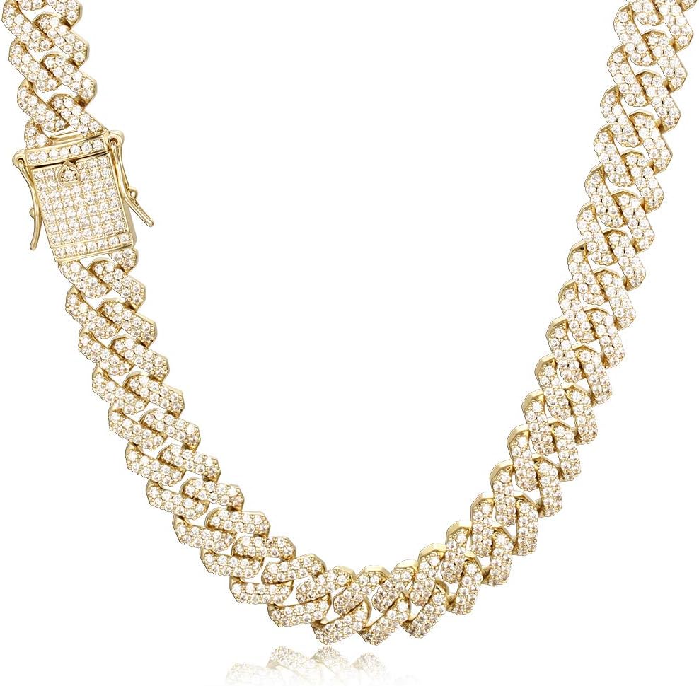 12mm Mens Women Heavy Iced Out Miami Cuban Link Chain or Bracelet 14K Gold White Rose Gold Plated CZ Lab Diamond Hip Hop Jewelry Necklace Choker with Gift Box