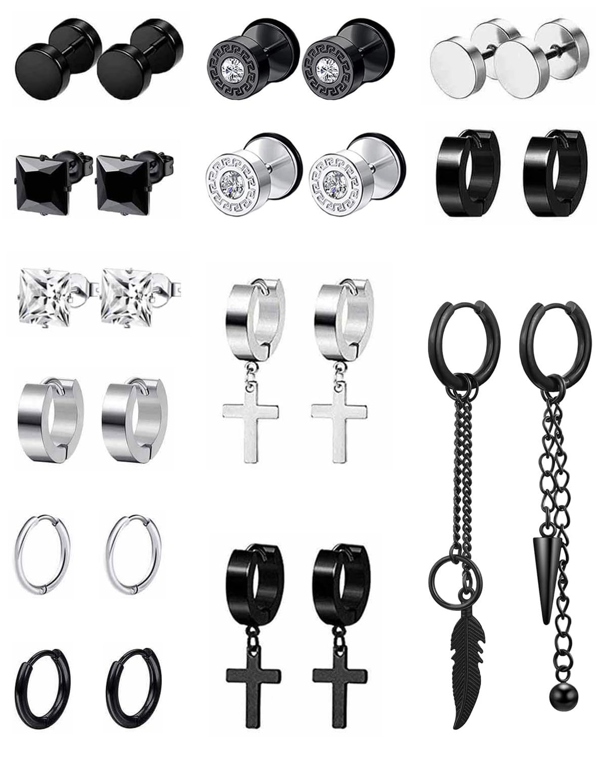 VELESAY 26 Piezas Pendientes Hombre Negro Acero inoxidable Pendientes Aro Punk Gothic Colgantes Cruz Pendiente Aros Hombres Aretes Kpop Huggie Pendientes Redondos Conjunto Pendientes para Hombres y Mujeres