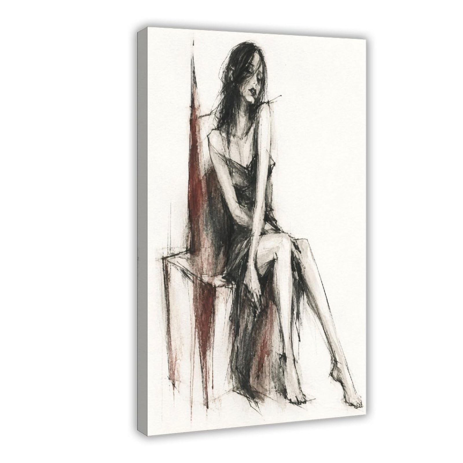 W7c8u2x3 Frame-Style-23 Seated Woman Charcoal Sketch Canvas Wall Art, Dorm Room