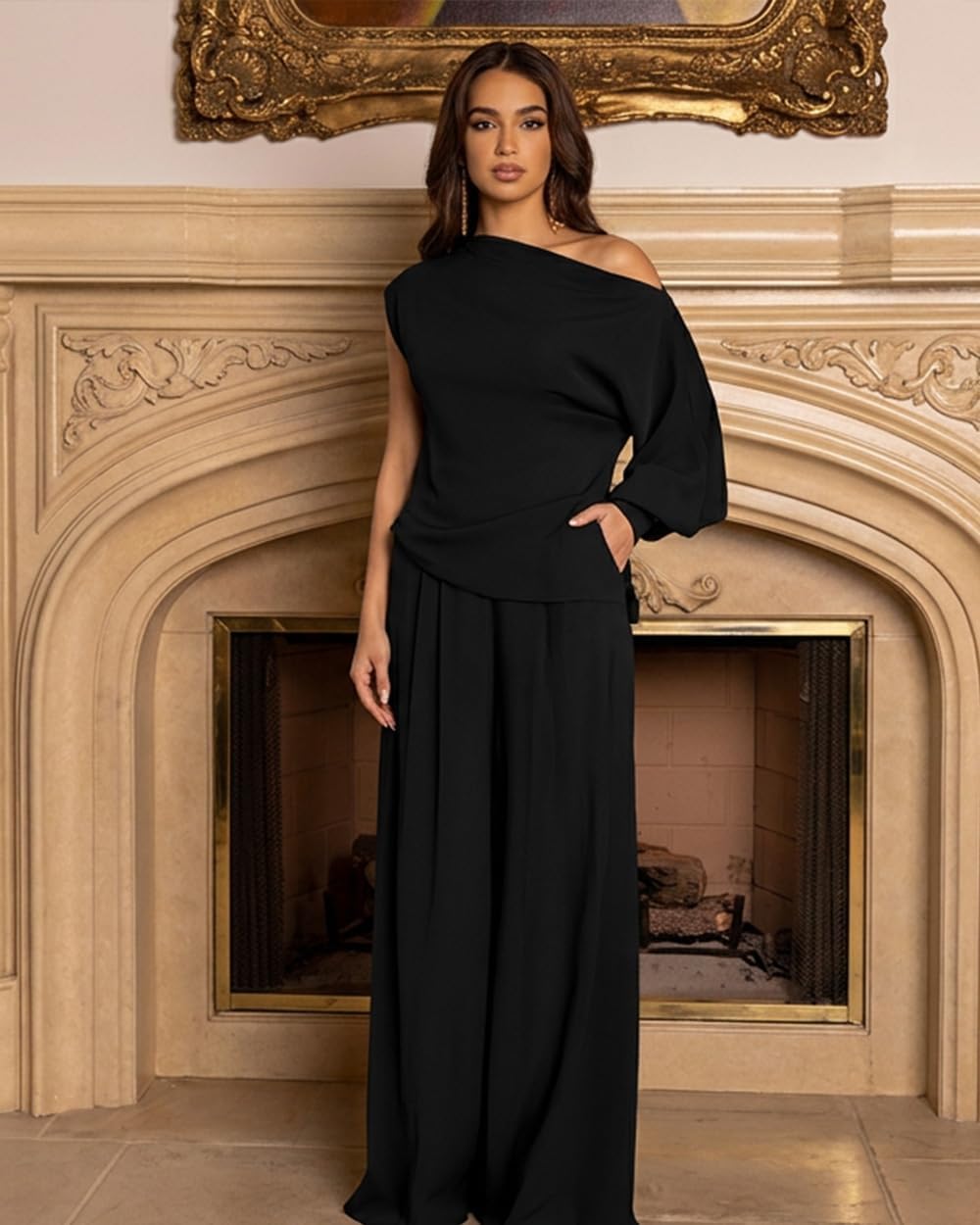 CHICME Womens Elegant 2 Piece Outfits One Shoulder Lantern Sleeve Side Slit Top and Flowy Wide Leg Pants Set
