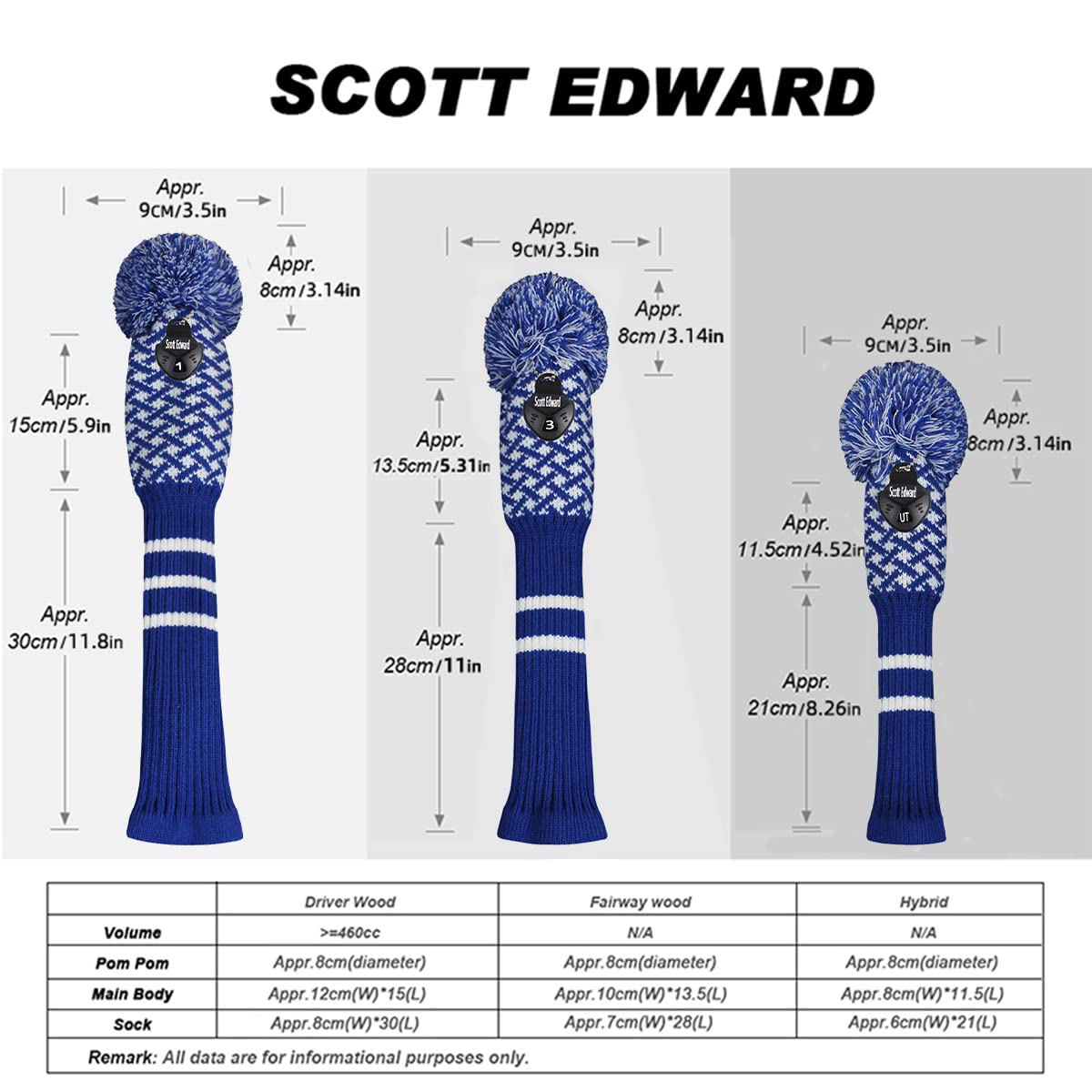Scott Edward Set di 3 coperture per Mazze da Golf in Maglia per Driver Fairway Wood & Hybrid con Etichetta con Numero Rotante