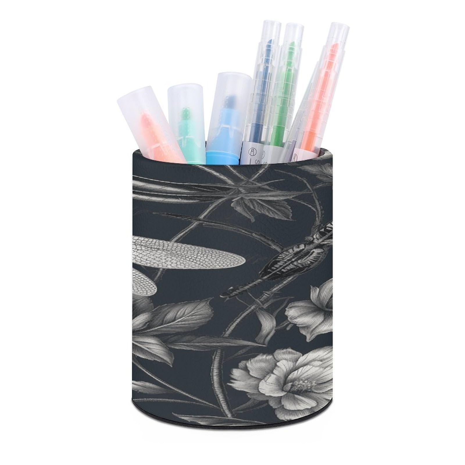 VstaDank Black Flowers And Dragonfly Pen Holder for Desk Makeup Brush Holders Stylish Pen Cup Cute Pencil Cup Round Pencil Holder Decor Brush Scissor Holders for Multifunctional Office Supplies