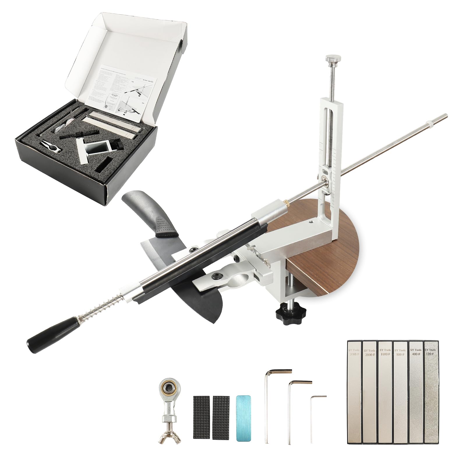 Affilacoltelli Professionale, Affilacoltelli Manuale in Alluminio, Rotazione a 360° con Angolo Fisso, Sistema di Affilatura Coltello con 6 Pietre Diamantate (120# 400# 800# 1000# 2000# 3000#)