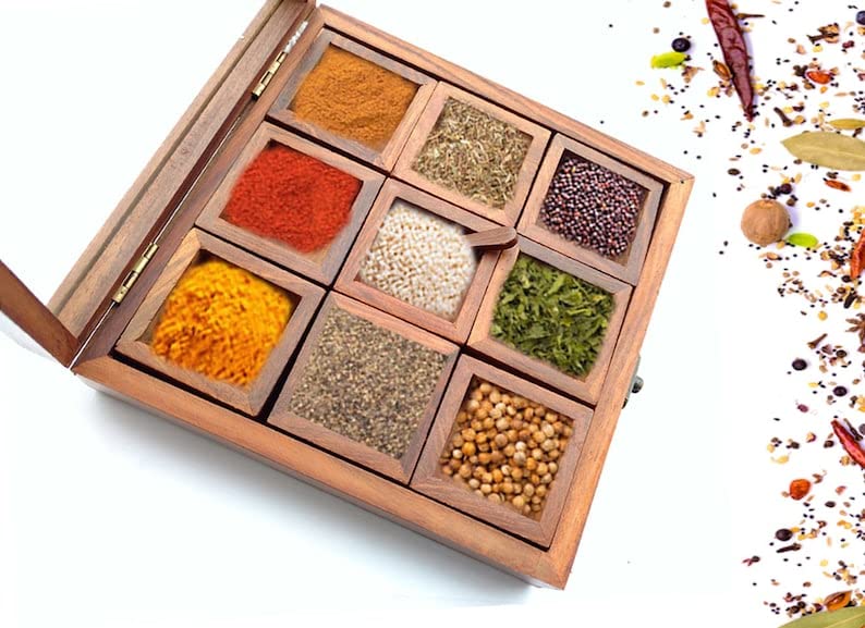 THEHEARTWILL Sheesham Wooden Masala Dabba Spice Jar with Glass Top/Box for Kitchen/Wood Container with Lid/Decorative Organizer/Spice Storage Racks Jars 9 containers with 1 spoon.