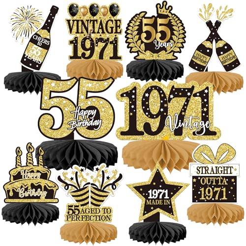 10 PCS Happy 55th Birthday Decorations for Women Men Black Gold Vintage 1971 55th Birthday Honeycomb Centerpieces Straight Outta 1971 Table Centerpiece for Cheers to 55 Years Birthday Party Supplies
