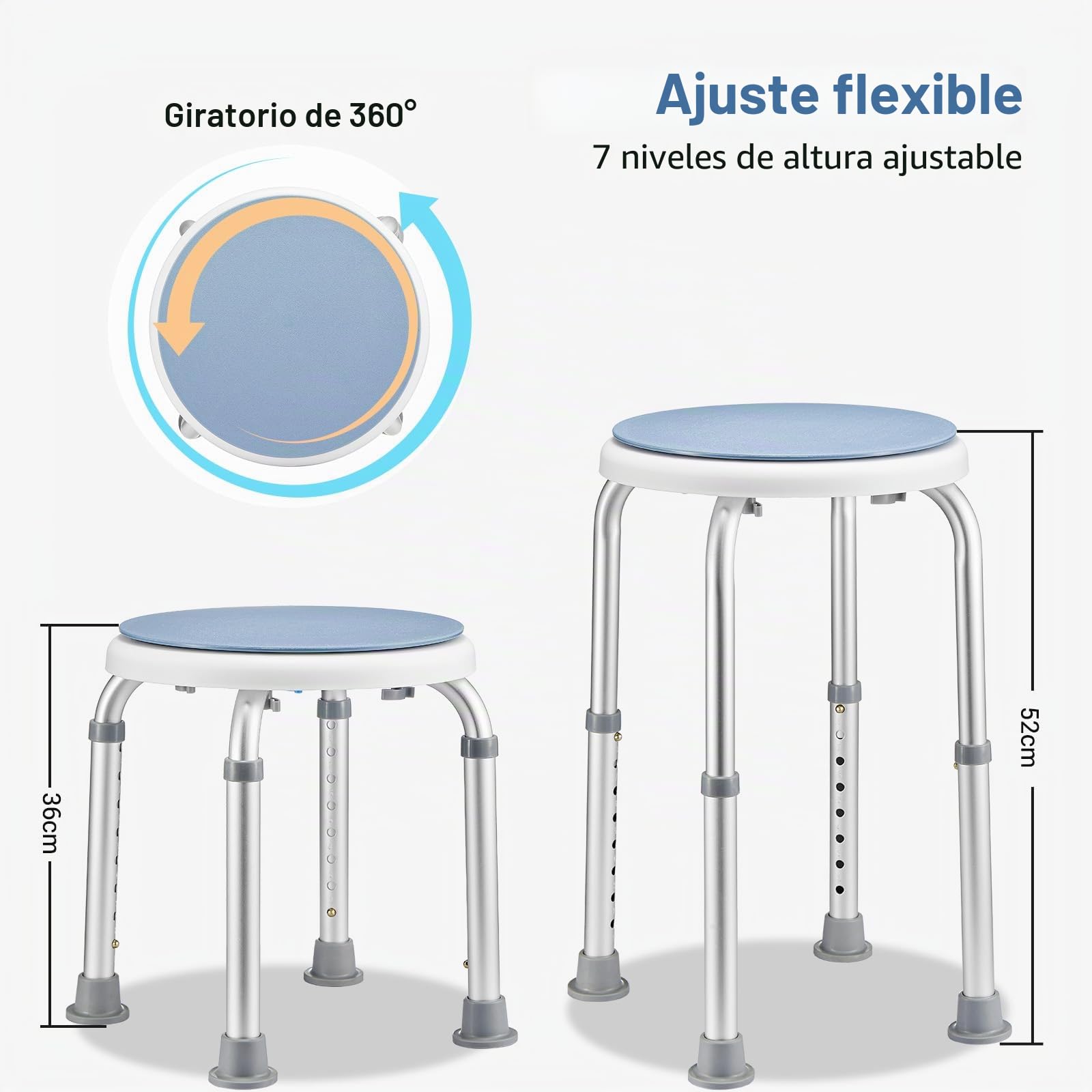 Taburete Baño Redondo Giratorio 360°, Taburete Ducha Patas Antideslizante Carga de 136 kg, Regulable en Altura 36-52 cm, para discapacitados o Ancianos, Montaje Sin Herramientas