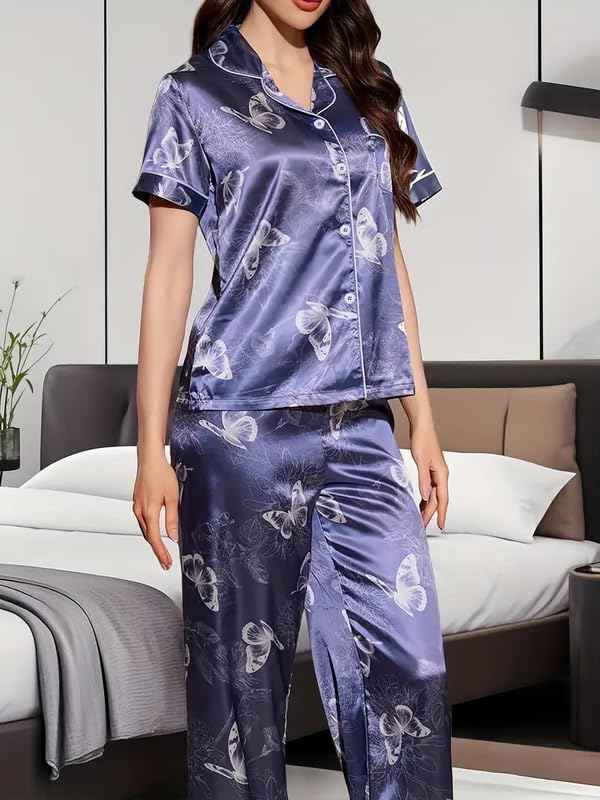Image of Night Suit for Women with Full Sleeve Button-Down Top with Pant Dress for Woman, Night Dress for Woman, Cotton Two-Piece Loungewear Set