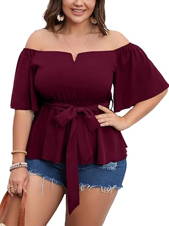 SCOMCHIC Womens Plus Size Off The Shoulder Peplum Blouse Top Half Bell Sleeve Tie Waist Ruffle Hem Babydoll Tops