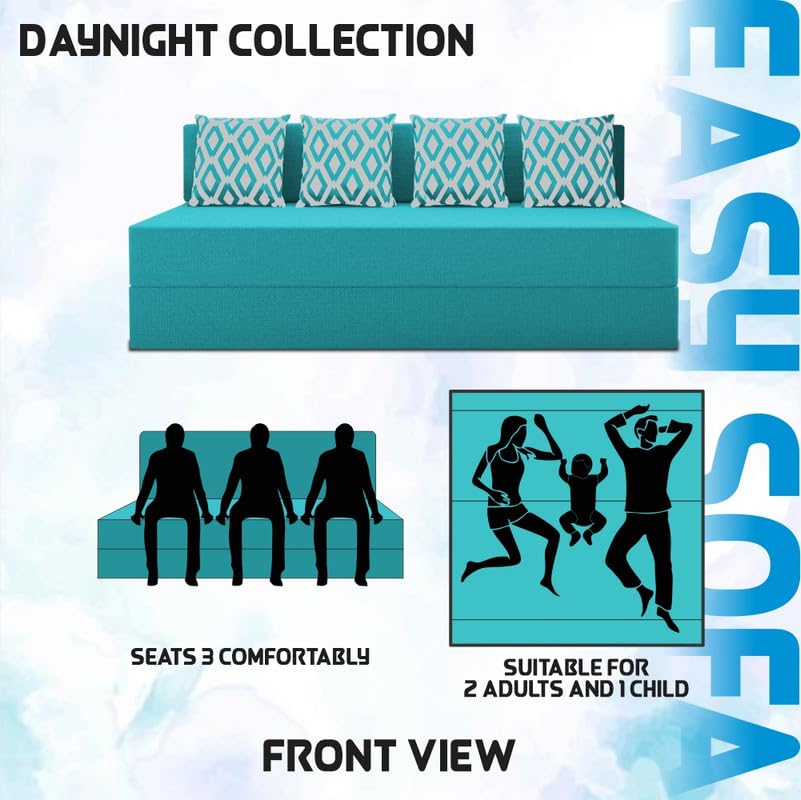 Image of Adorn India Easy 4 Seater Sofa Cum Bed (Rhombus Pattern) Size 6' X 6' Ft (Aqua Blue Color) Perfect for Home & Office for Guests (1 Year Warranty)