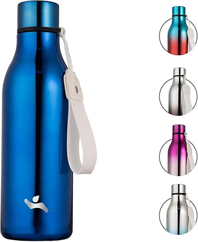 Konokyo Botella de agua aislada con correa, botellas de acero inoxidable de doble pared de 18 onzas, botella de agua de metal, azul brillante