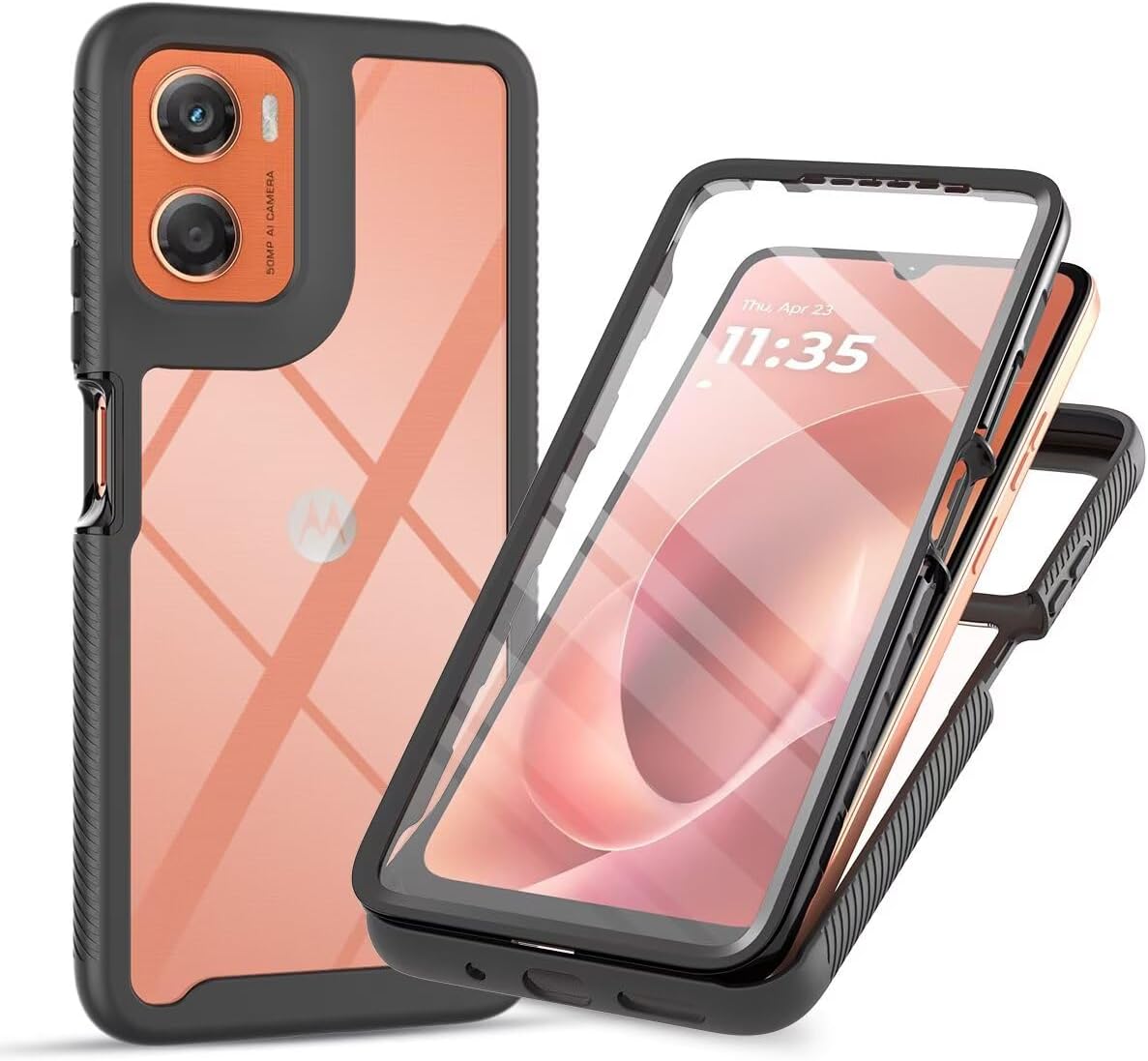 – for Motorola G06 Case Built-in Screen Protector Full Body Shockproof Protection Cover tylish Bumper Transparent Back Phone Case Cover for Motorola Moto G06- Black