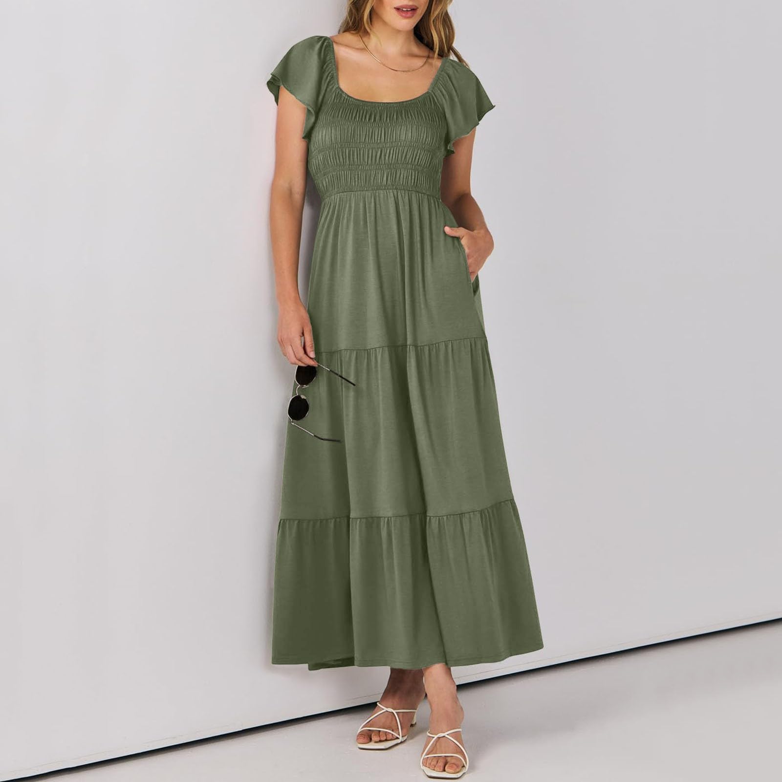 Vestido largo de verano para mujer, informal, manga corta, cuello en V, cintura elástica