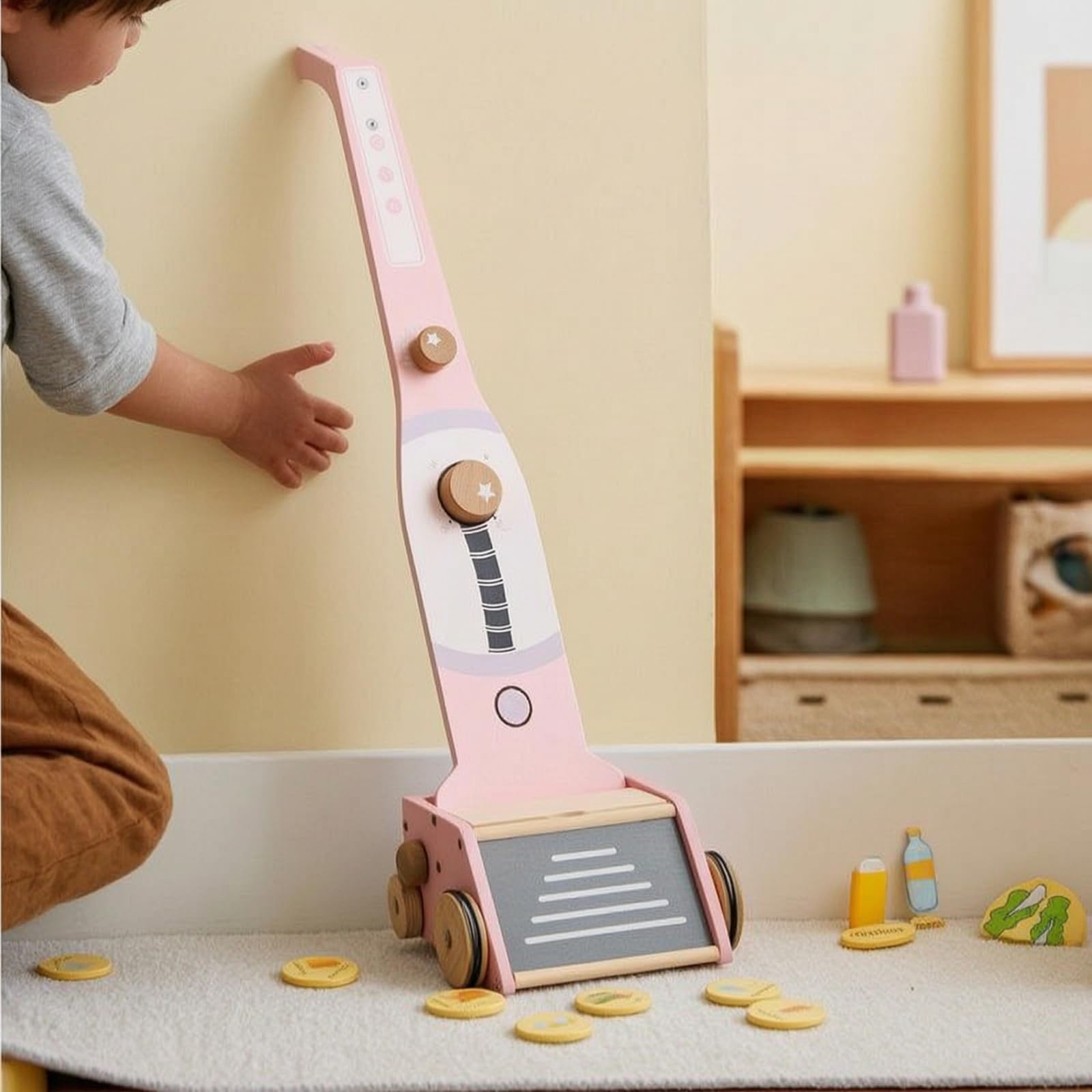Aspirapolvere Giocattolo Robusto Aspirapolvere Giocattolo con Accessori Sicuro Gioco in Legno per Bambine, Cameretta , Blu