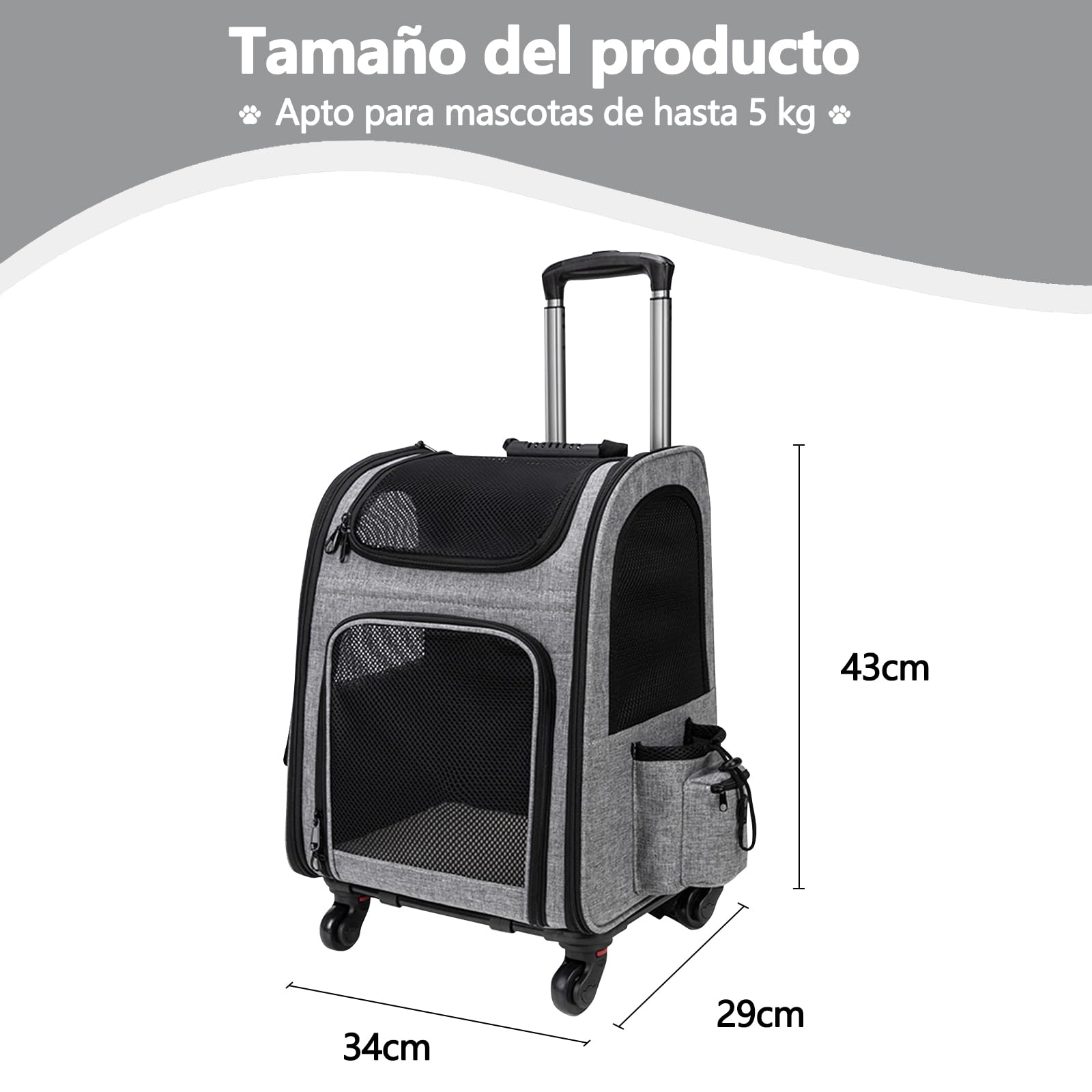 Galatée Cochecito para Mascotas, Mochila para Perros con Ruedas Extraíbles, Mochila para Perros Aprobada por Aerolíneas, Bolsa De Viaje para Mascotas con Ventanas De Ventilación De Malla(Gris)