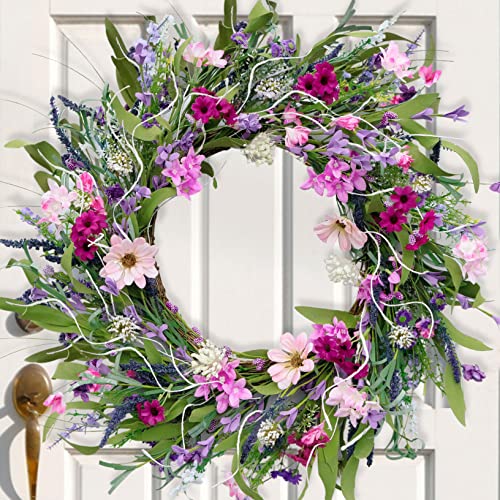 Spring Easter Wreaths For Front Door Outside, 22-24'' Summer Door Wreath, Lavender And Daisy, Artificial Decor Decorations For Home, Farmhouse, Window, Wedding (Pink) #TOP3