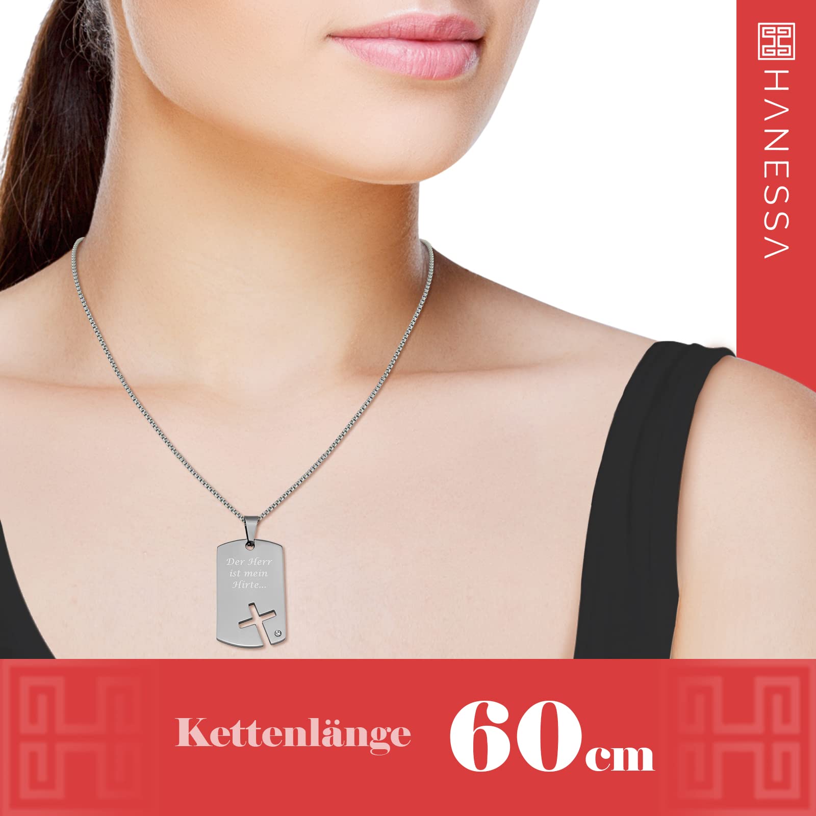 Personalisierte Kette mit Gravur Edelstahl 60 cm mit Anhänger Dog Tag Kreuz - Personalisierte Halskette für Männer und Frauen - Personalisierter Schmuck Damen Herren