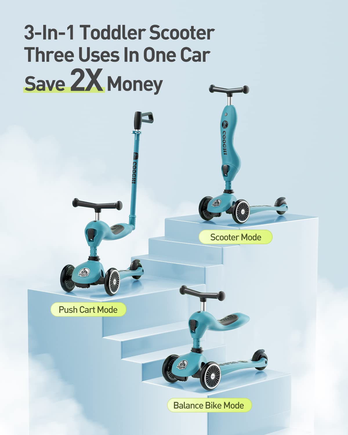 COOGHI Toddler Scooter, 3-in-1 Kids Scooter with Flashing Wheels, Adjustable Parent Push Bar & Seat & Handlebar, 3 Wheel Scooter for Kids Ages 1-5, Blue