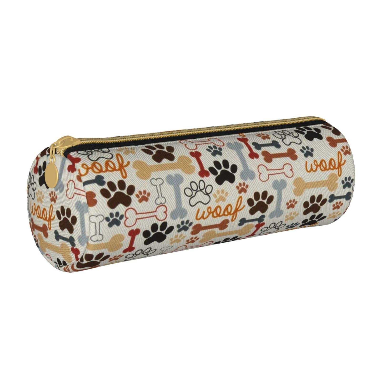 AABSTBFM Dog Bones Paw Prints Printed Round Pencil Case Cute Leather Zipper Pen Pencil Pouch Bag for School, Office, and Travel