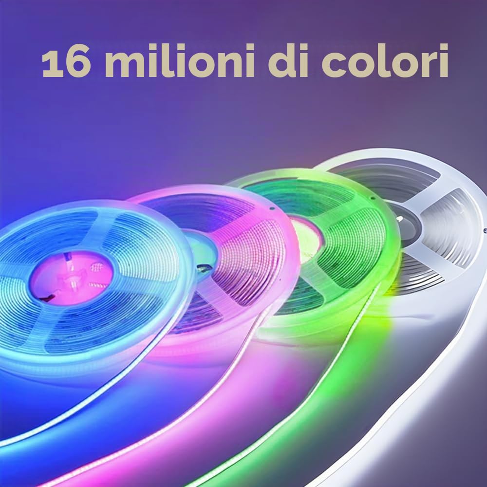 Striscia LED COB 24V RGBCW dimmerabile, da 10 m RGB+bianco freddo 6000K Catena luminosa a 672 LED/m Alta densità, striscia flessibile senza punti luminosi per cucina